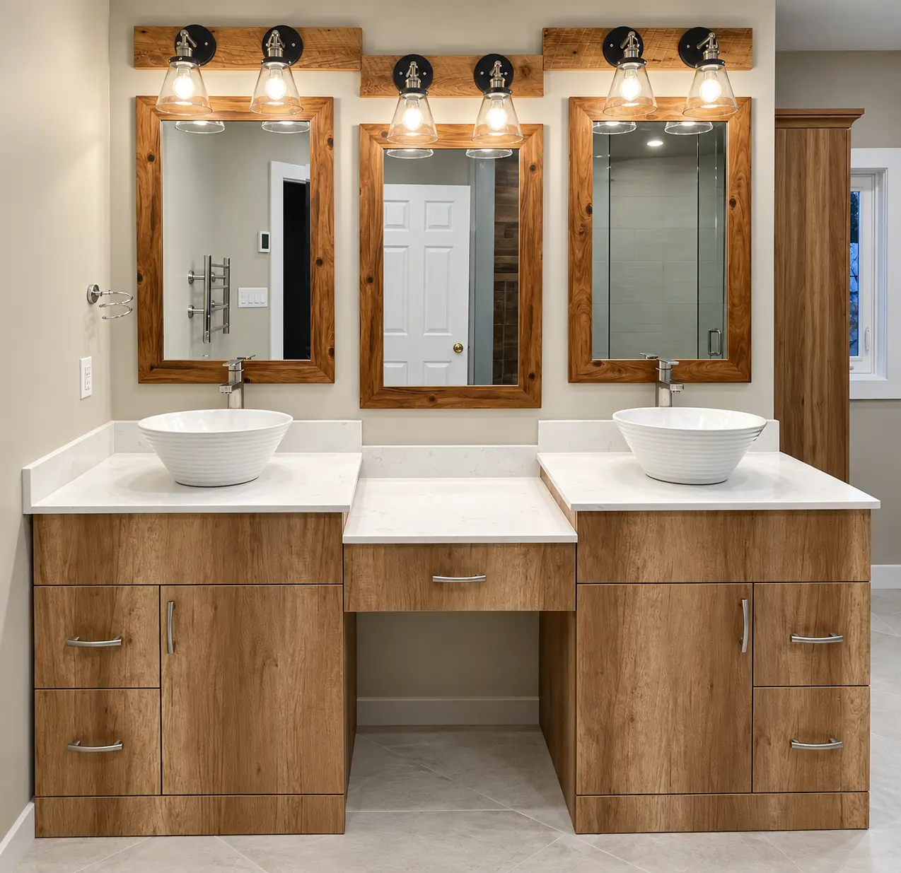 Custom wood double vanity with quartz counters, vessel sinks and three framed mirrors