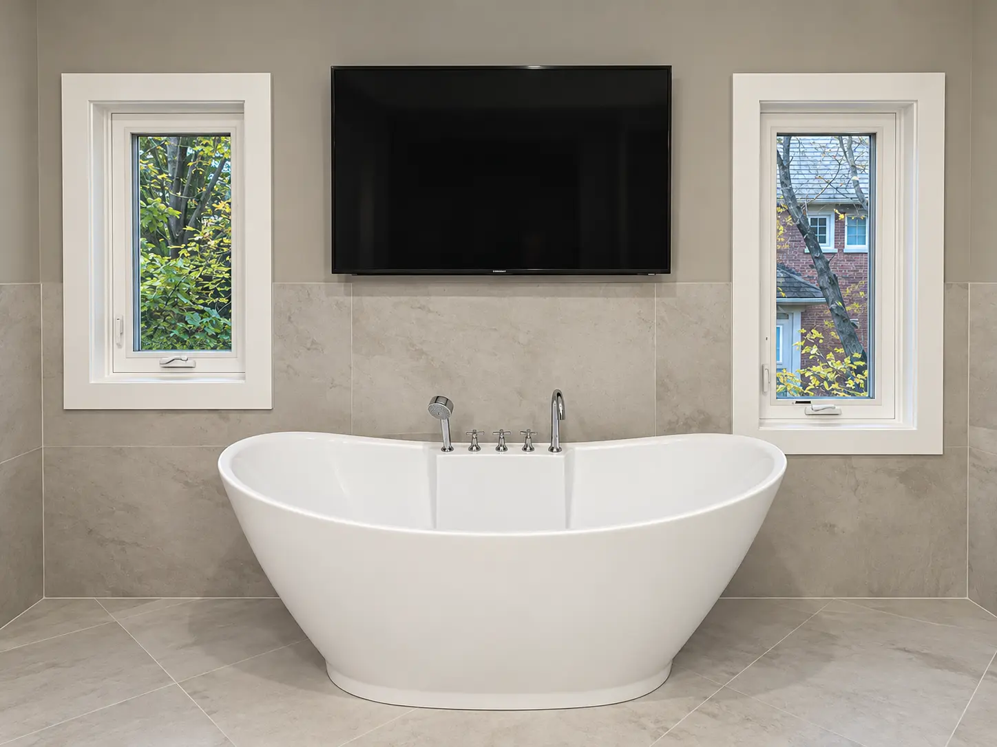 Freestanding white bathtub centered between two windows beneath a wall-mounted television