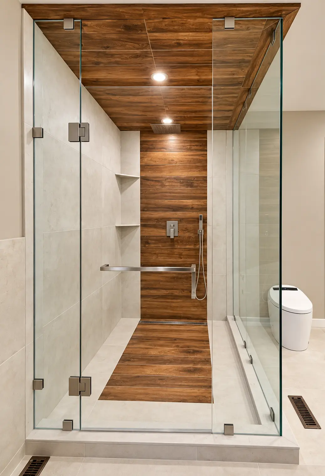 Detailed view of the frameless shower enclosure with wood-look ceiling, rain head and built-in shelves