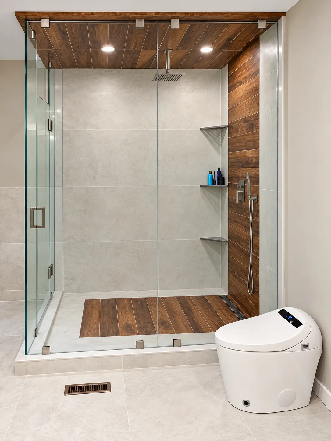 Completed luxury bathroom with oversized frameless-glass walk-in shower, wood-look ceiling and smart toilet