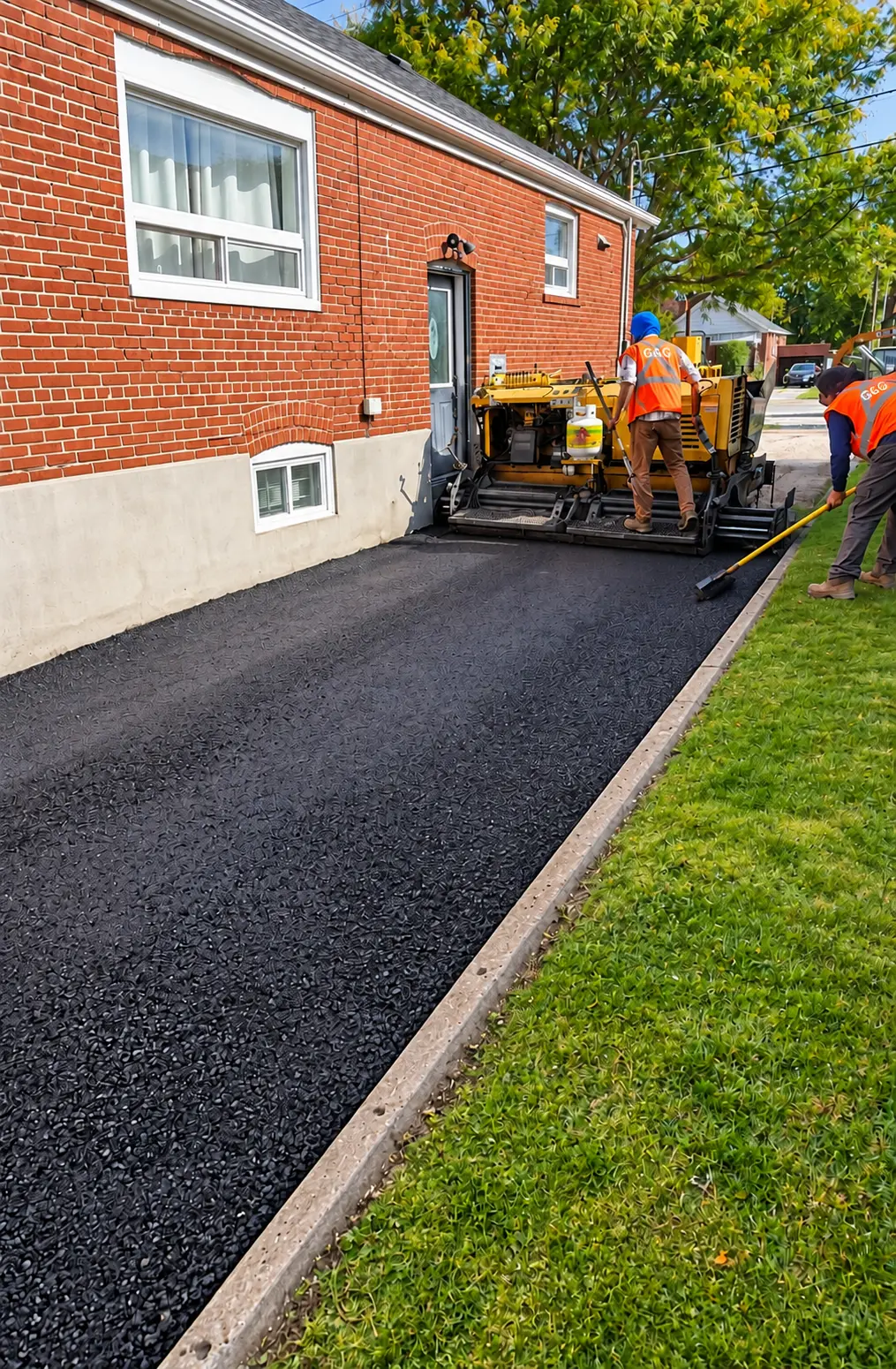 G&G crew installing fresh asphalt with professional paving equipment
