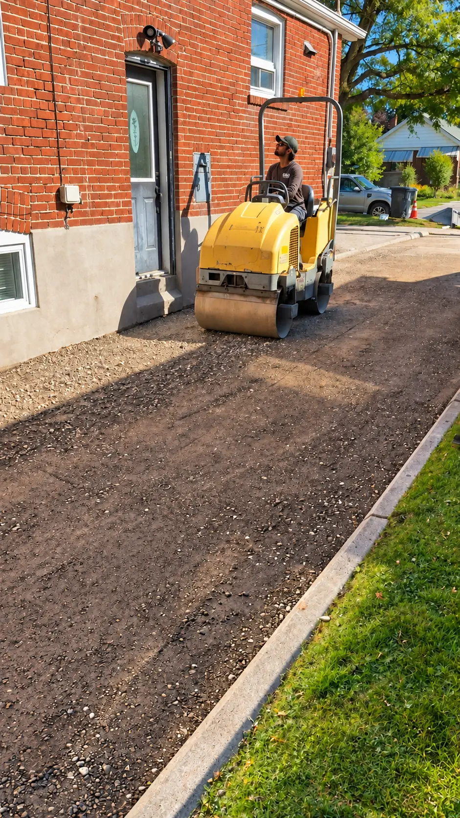 G&G operator compacting the prepared driveway base