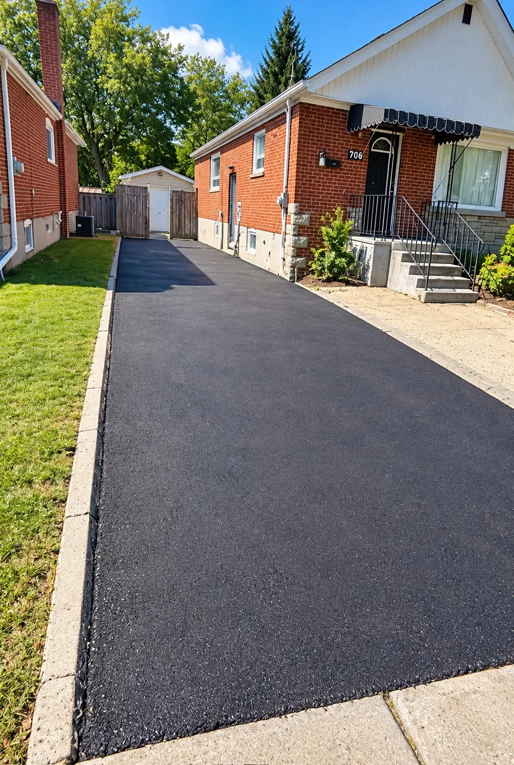 Completed smooth black asphalt driveway with concrete edging beside a red-brick home