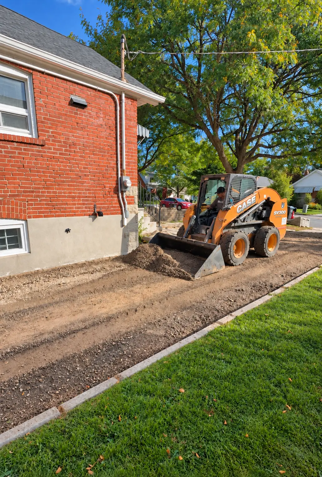Skid-steer grading the driveway base before asphalt installation