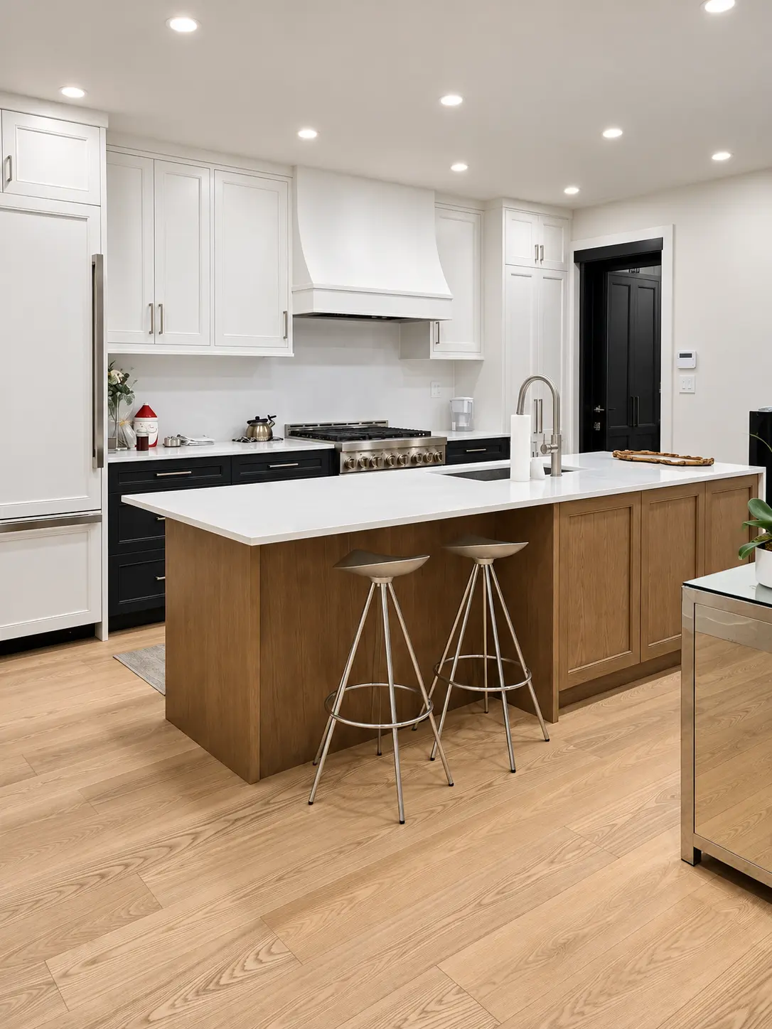 Custom kitchen with white cabinetry, oak island panels and quartz counters