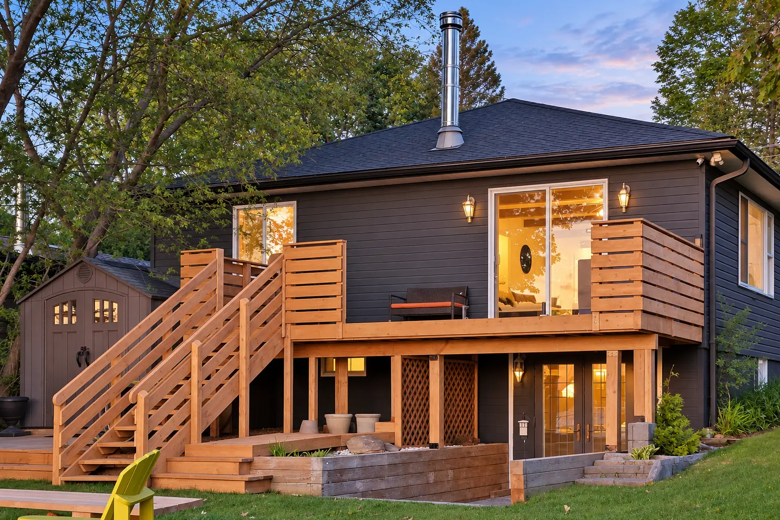Renovated cottage exterior with new wood deck and stairs