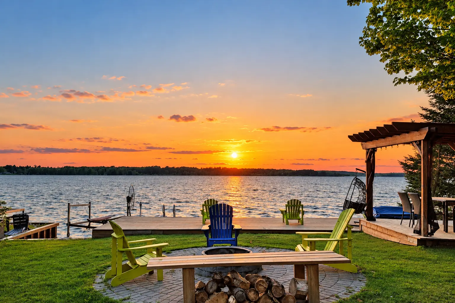 Completed lakeside cottage deck and pergola at sunset