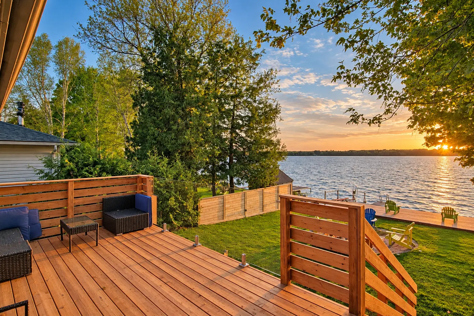 New lakeside deck with custom wood railings