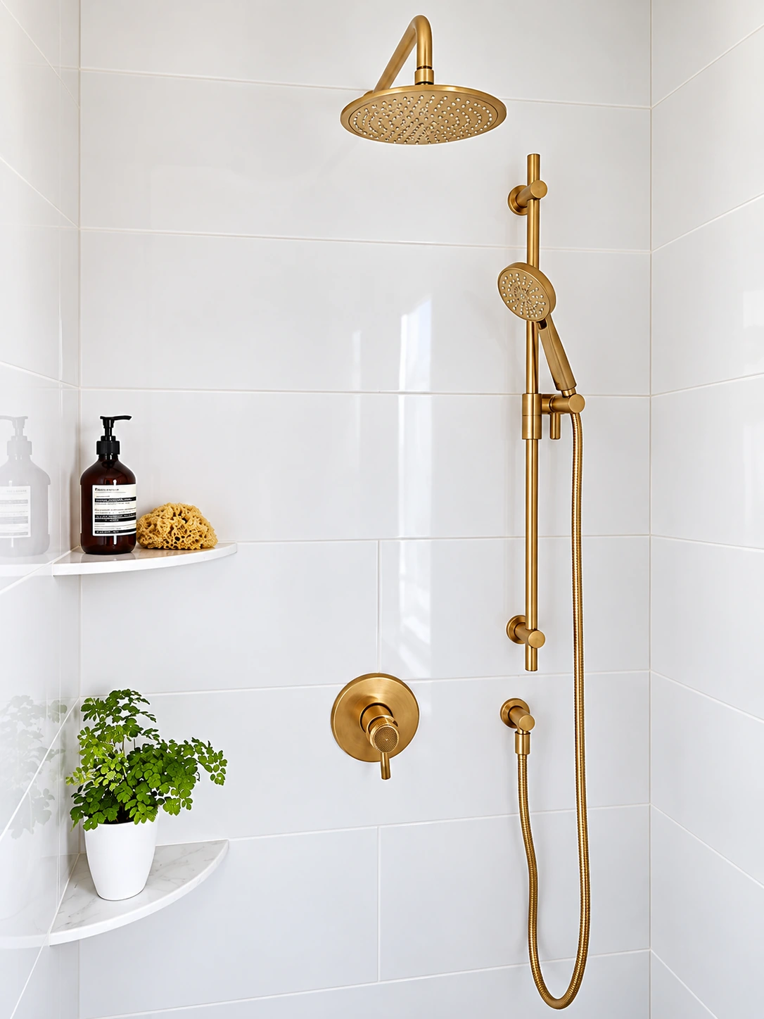 Brass rain shower and handheld shower against white tiled walls