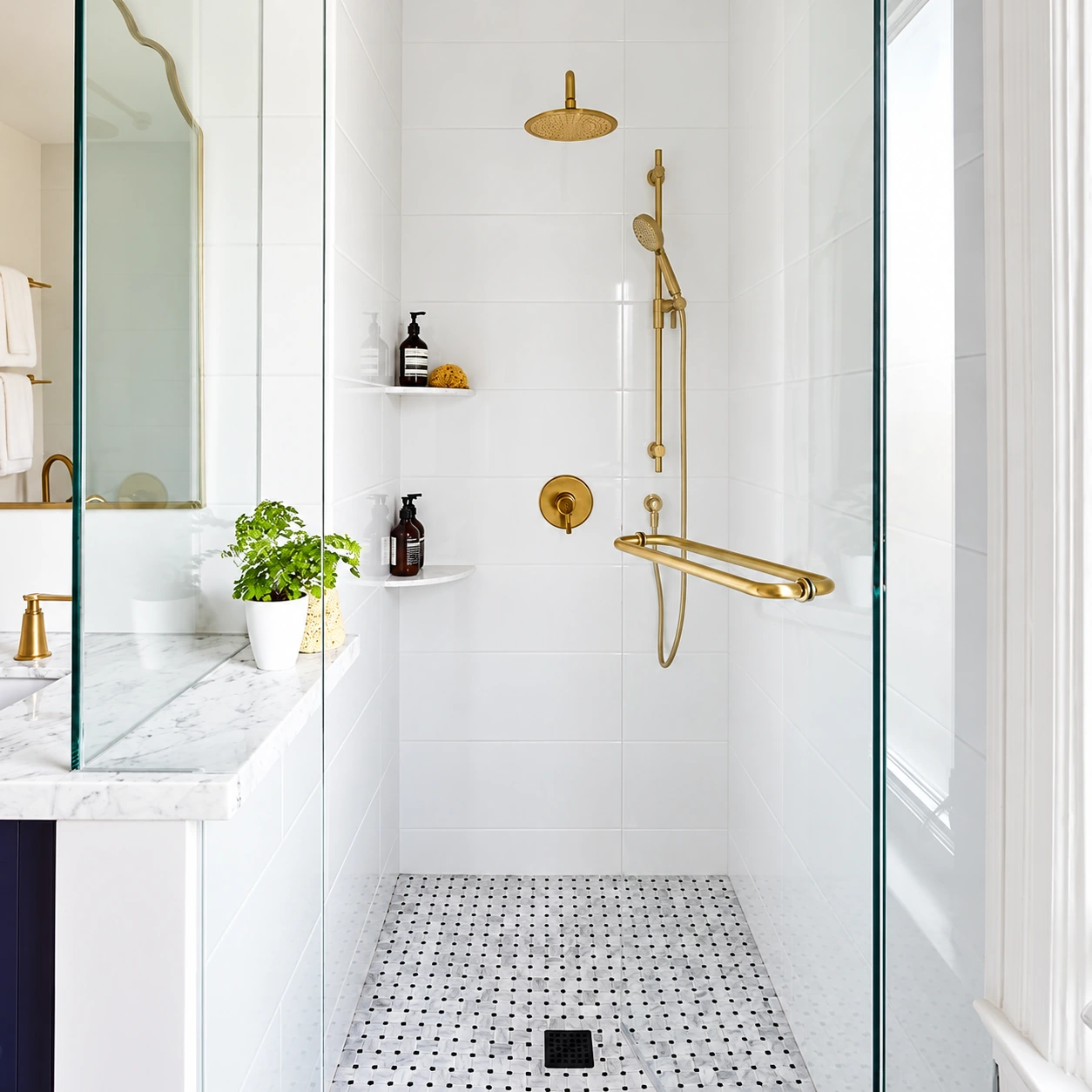 Glass-enclosed shower with white tile, brass fixtures and mosaic floor